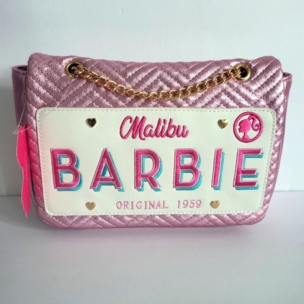 NWT Skinny Dip Malibu Barbie License Plate Metallic Pink Crossbody Bag W/ Chain